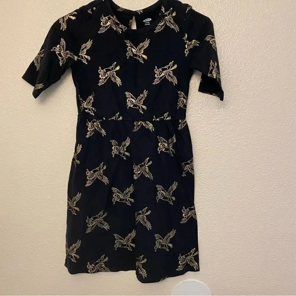Old Navy Fit flare 3/4 long Sleeve Jersey basic Dress black gold Pegasus-L 10/12